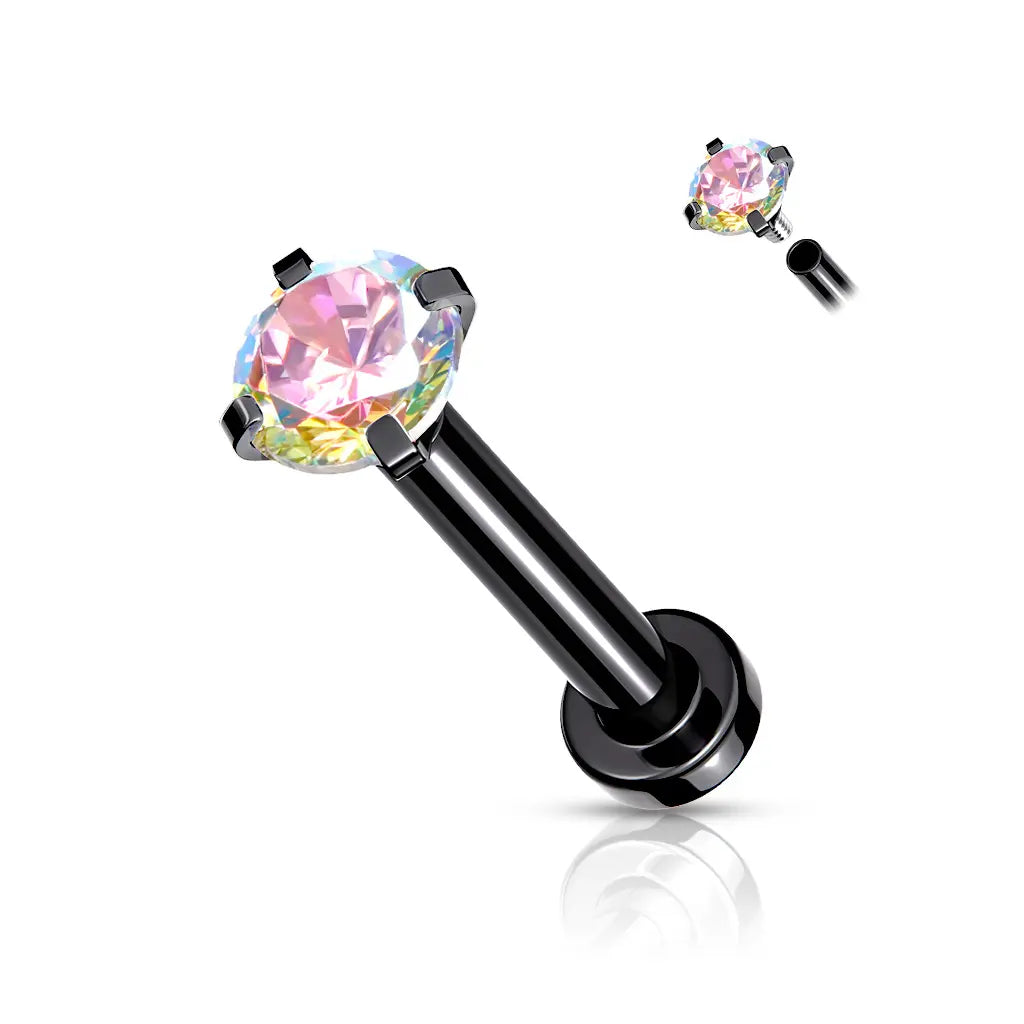 Surgical Steel 18 Gauge Prong CZ Top Flat Back Labret Stud - Style 2