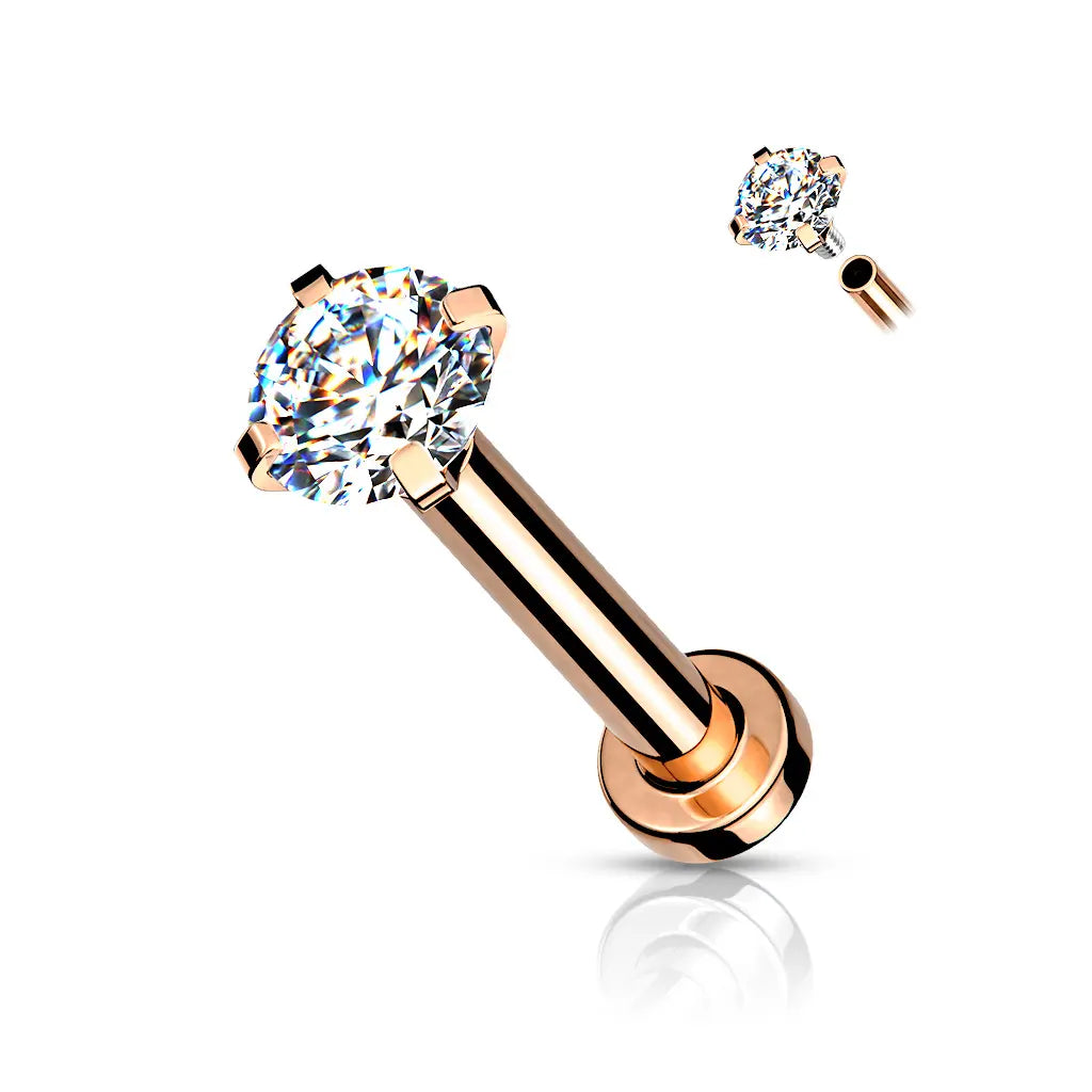 Surgical Steel 18 Gauge Prong CZ Top Flat Back Labret Stud - Style 2
