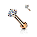 Surgical Steel 18 Gauge Prong CZ Top Flat Back Labret Stud - Style 2