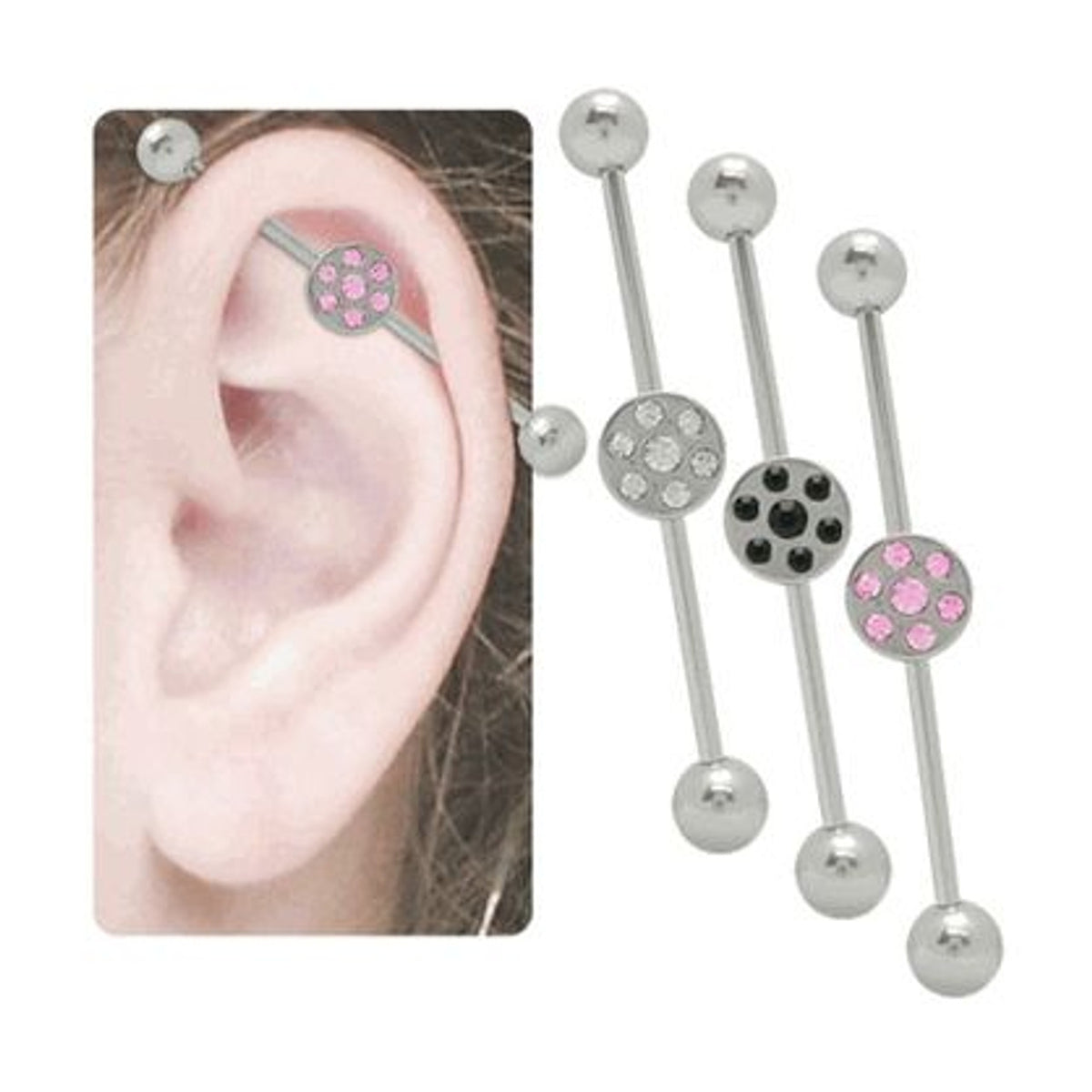 Surgical Steel 14 Gauge Industrial Barbell with CZ Flat Disc