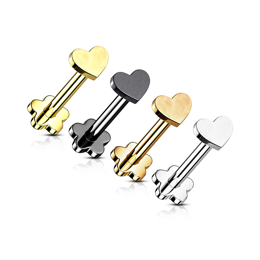 Titanium 16 Gauge Labret Stud Flat Heart Flatback Threadless