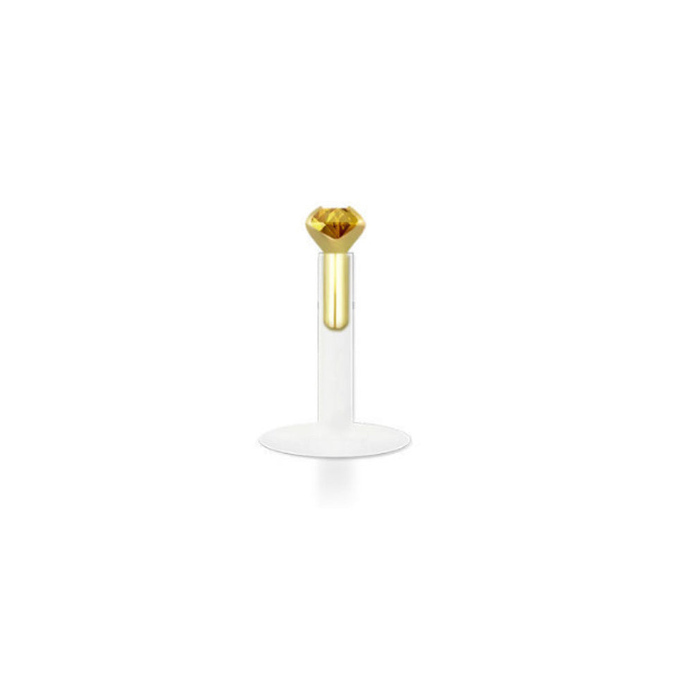 14K Gold & Bioflex 16 Gauge Push In Genuine CZ Top Labret Stud