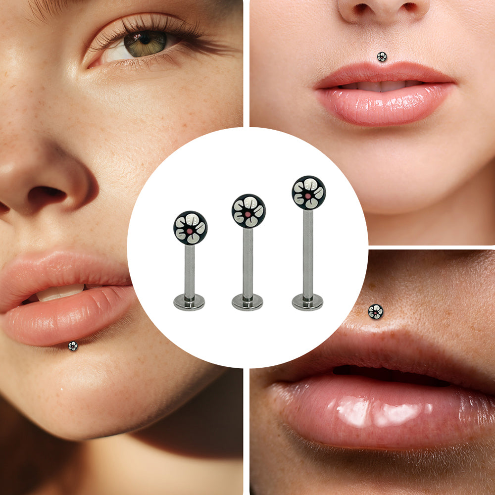 Surgical Steel Flat Back Labret 14G with Hand Painted Flower Balls - photo 6