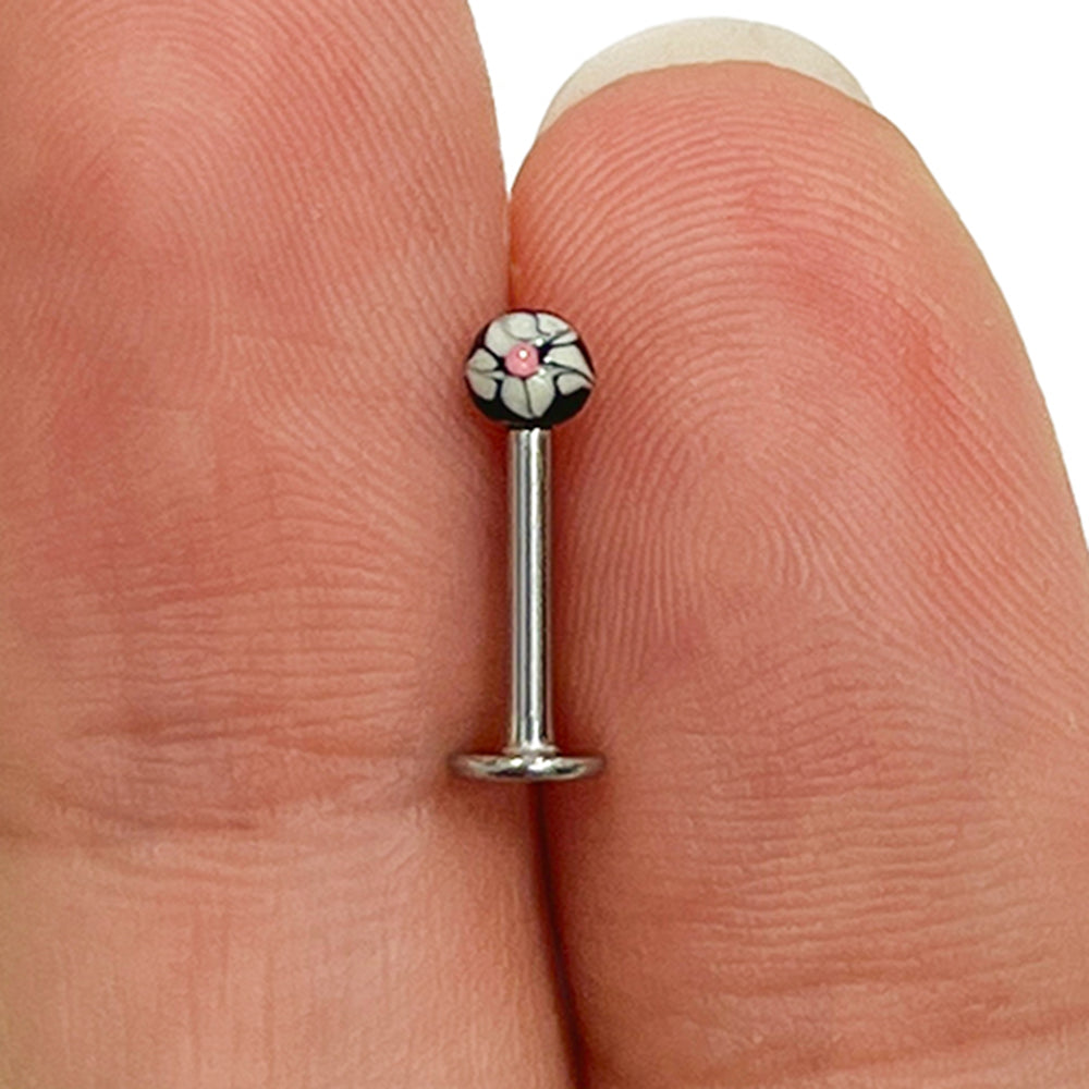 Surgical Steel 16 Gauge Hand Painted Flower Ball Flat Back Labret