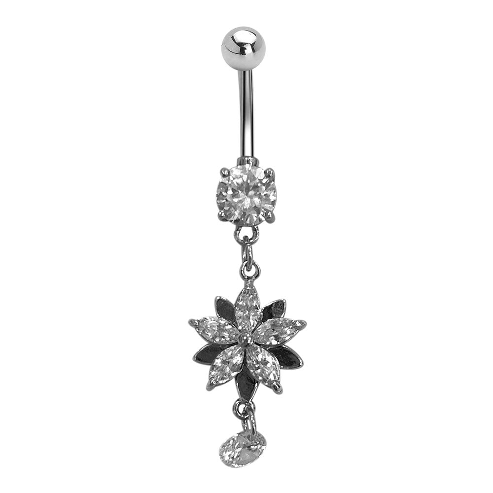Surgical Steel 14 Gauge Crystal CZ Dangling Flower Belly Ring