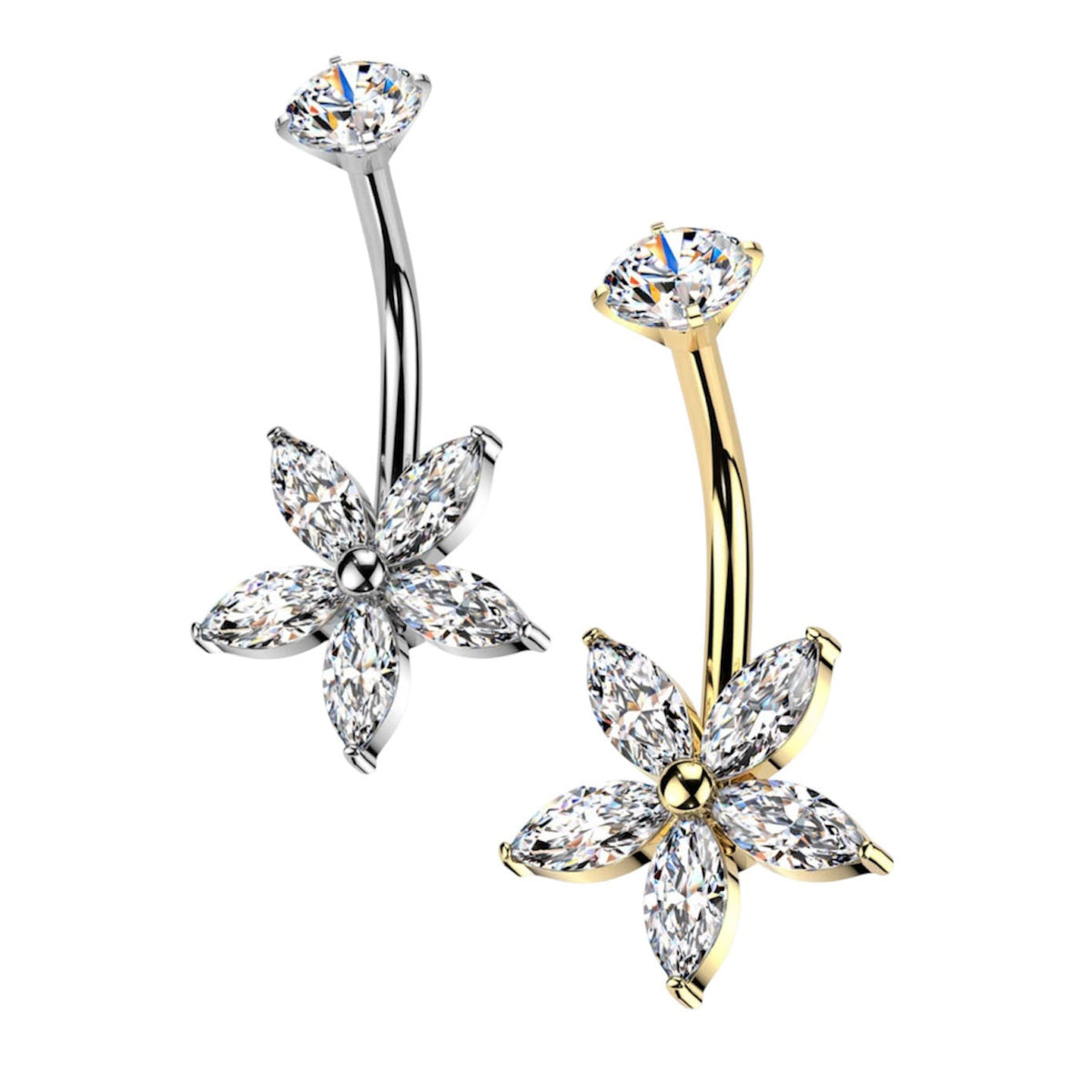Surgical Steel Belly Ring 14G 10mm with Marquise CZ Flower