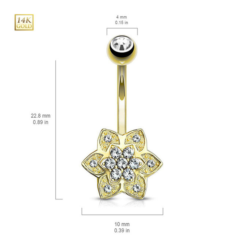 14K Solid Gold 14 Gauge Belly Ring with Petals Flower Cluster CZ - photo 4