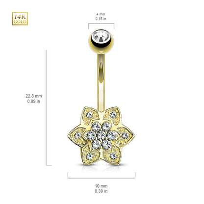 14K Solid Gold 14 Gauge Belly Ring with Petals Flower Cluster CZ - photo 4