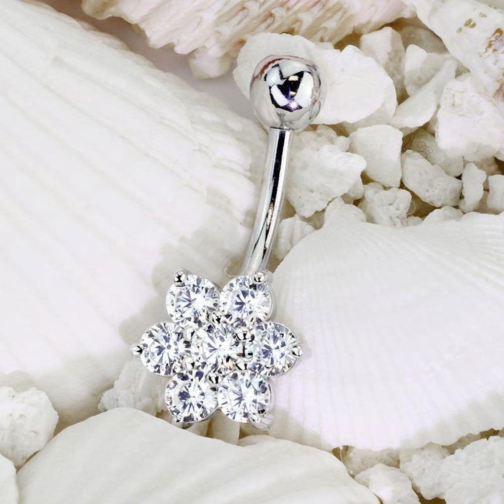 14K Solid Gold 14 Gauge Belly Ring with Cluster CZ Flower - photo 2