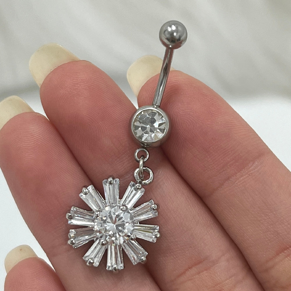Surgical Steel 14 Gauge Belly Ring with CZ Flower Dangle - photo 5