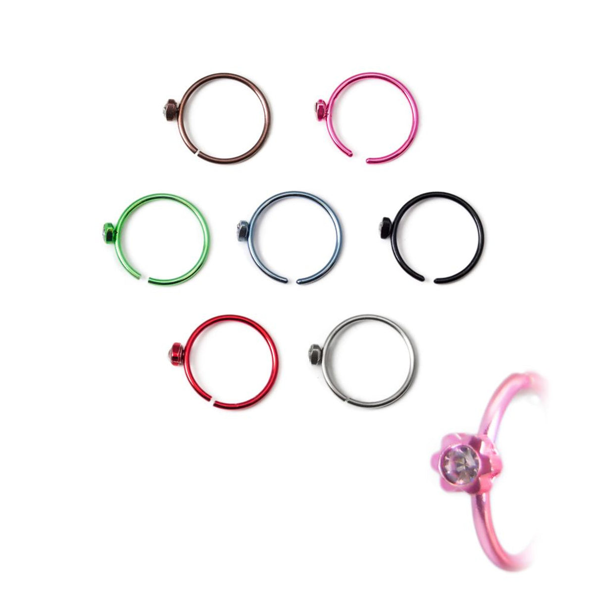 Surgical Steel 18 Gauge Nose Rings with CZ Flower Bandable - 7 Pack
