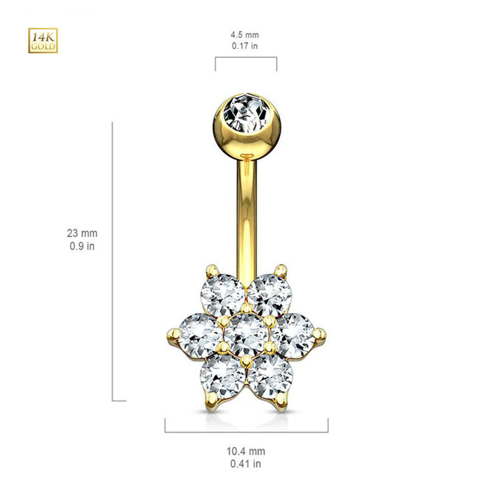 14K Solid Gold 14 Gauge Belly Ring with Cluster CZ Flower - photo 3