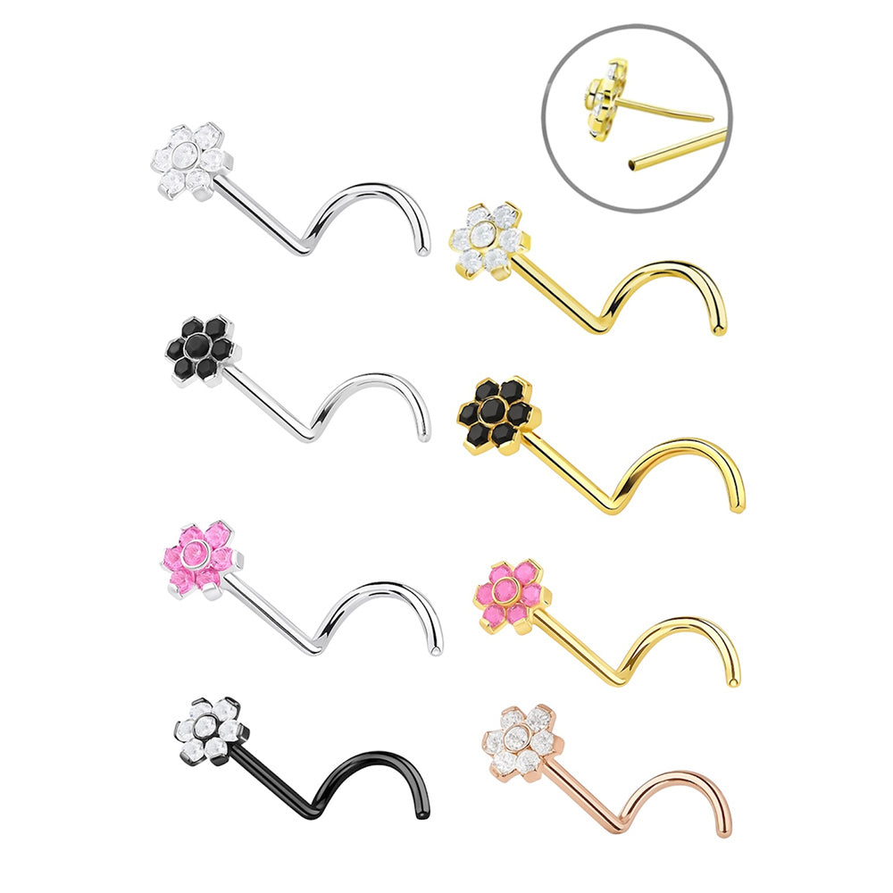 Titanium Flower CZ Nose Stud 18 & 20 Gauge with Threadless Push-In