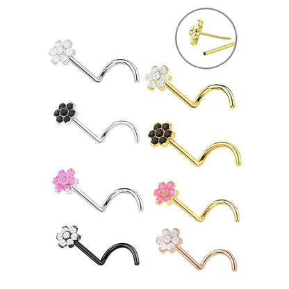 Titanium Flower CZ Nose Stud 18 & 20 Gauge with Threadless Push-In