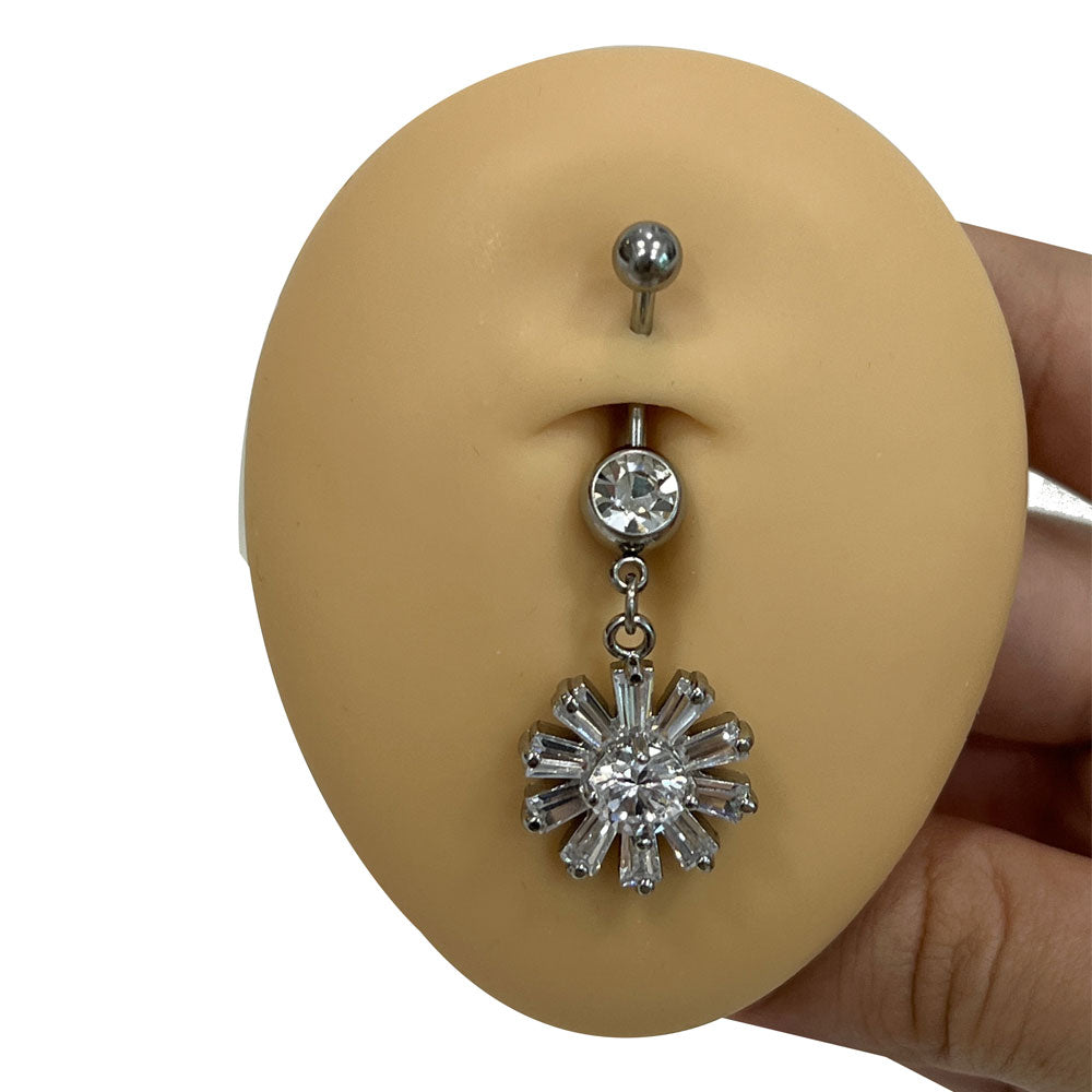 Surgical Steel 14 Gauge Belly Ring with CZ Flower Dangle