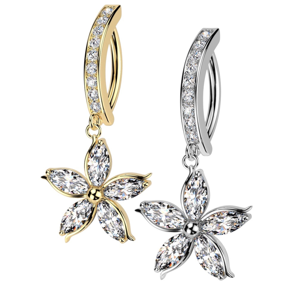 Surgical Steel Hinged Belly Ring 14G 11mm with CZ Flower Dangle