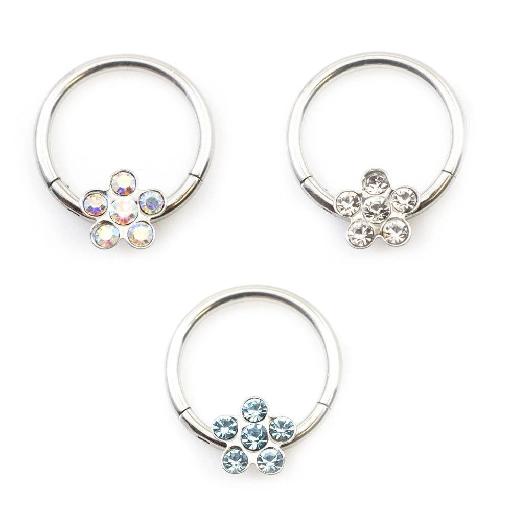 Surgical Steel 16 Gauge Flower CZ Hinged Segment Ring