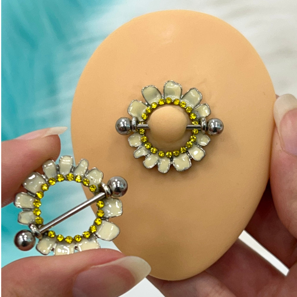 Surgical Steel 14 Gauge Nipple Shield Ring with Daisy Flower - Pair - photo 3