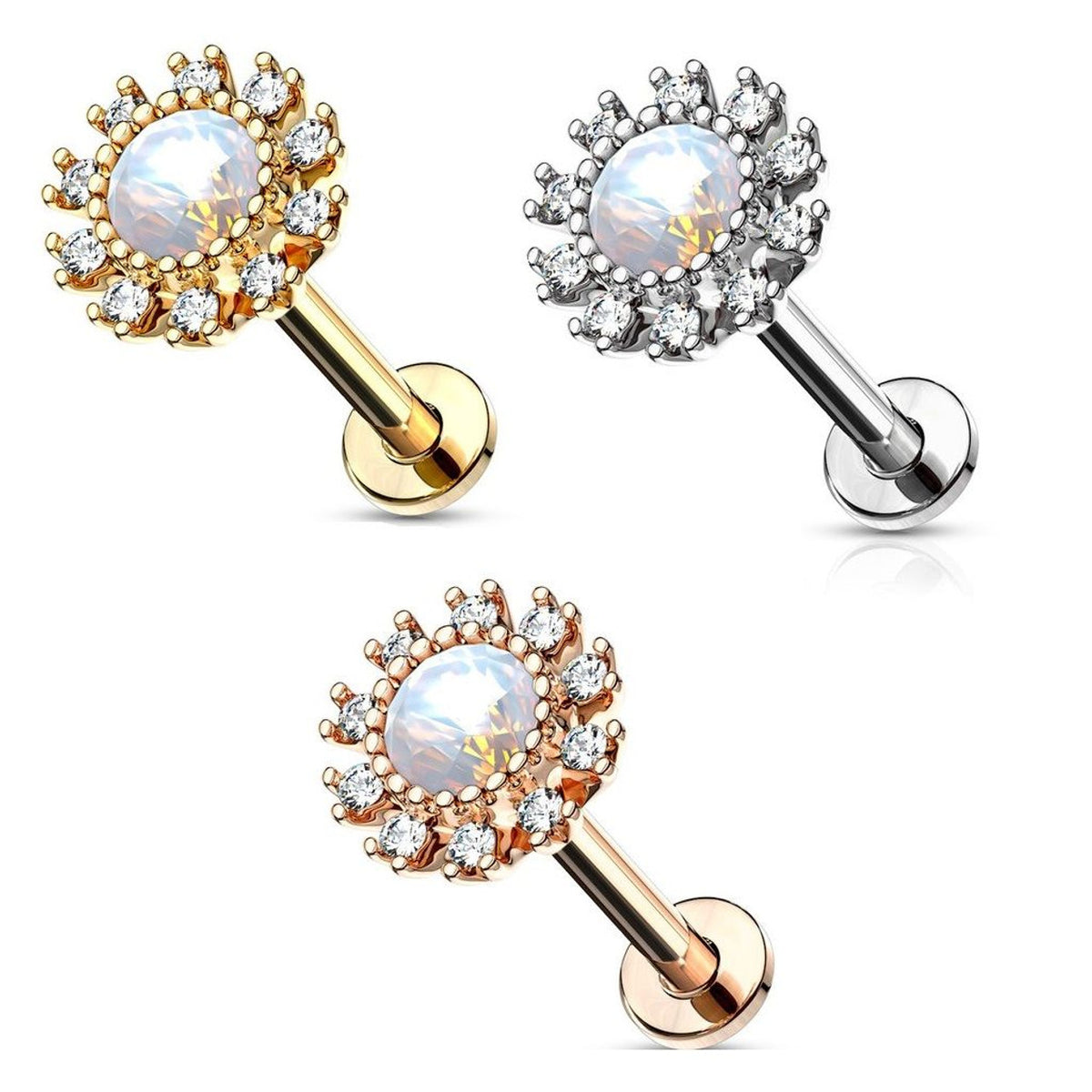 Surgical Steel 16 Gauge Labret Stud with Paved CZ Flower Opal