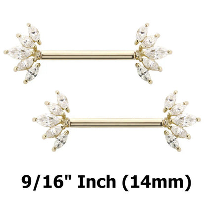 14 Karat Solid Gold Nipple Ring Barbell 14 Gauge & Threadless Fan CZ