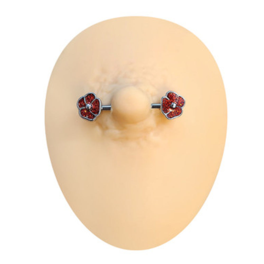Surgical Steel Nipple Barbell 14G with Red Glitter CZ Poppy - Pair - photo 2