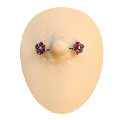Surgical Steel Nipple Barbell 14G with Red Glitter CZ Poppy - Pair - photo 2