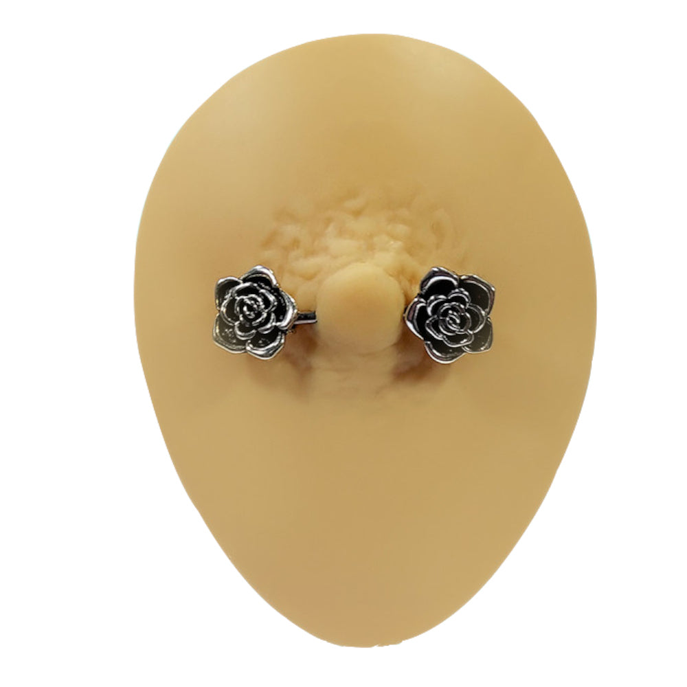 Surgical Steel 14 Gauge Nipple Barbell with Vintage Rose Flower - Pair - photo 3