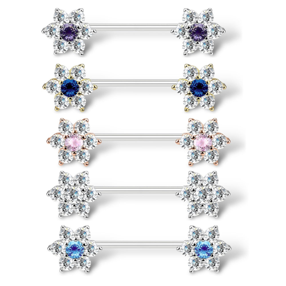Surgical Steel 14 Gauge Nipple Barbell with CZ Flower Kitty Cat - Pair