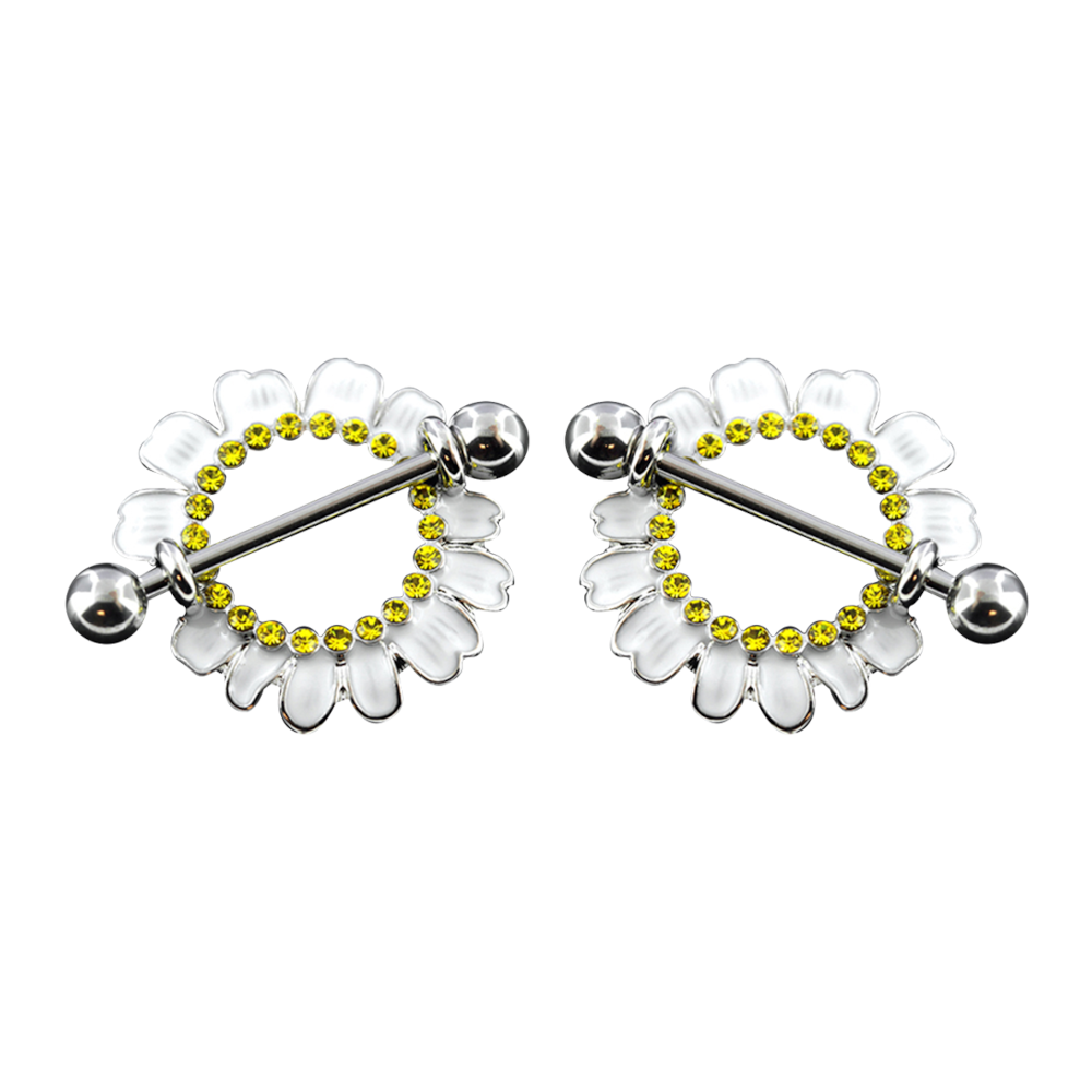 Surgical Steel 14 Gauge Nipple Shield Ring with Daisy Flower - Pair