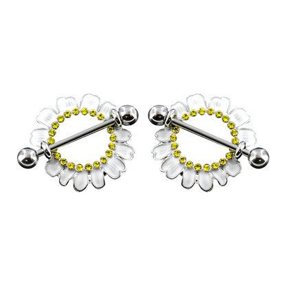 Surgical Steel 14 Gauge Nipple Shield Ring with Daisy Flower - Pair