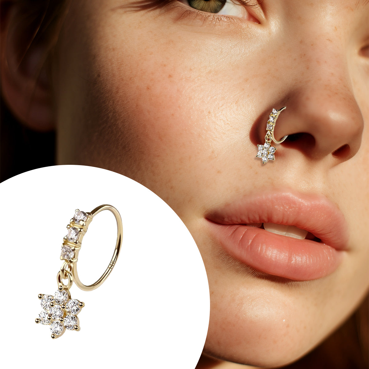 14K Solid Gold Bendable Nose Ring 20G 8mm with Dangling CZ Flower - photo 2