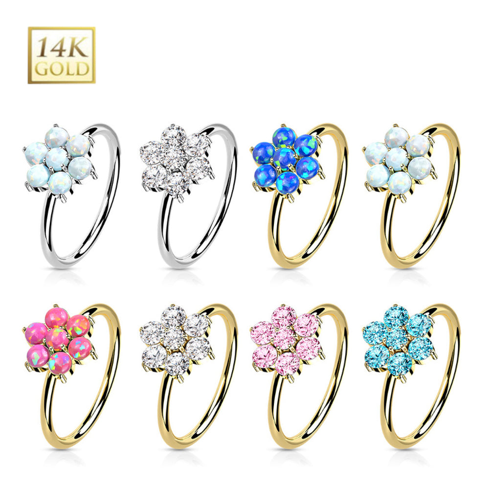 14K Solid Gold 20 Gauge Bendable Nose Ring with CZ Opal Flower