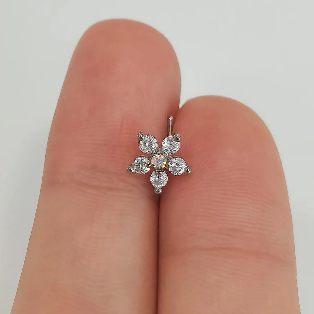 Surgical Steel L-Shaped Nose Stud 20G 6.5mm with CZ Flower