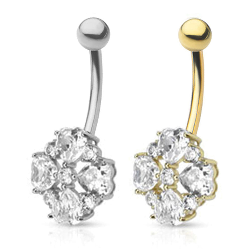 14K Solid Gold 14 Gauge Belly Ring with Flower Petals Heart CZ