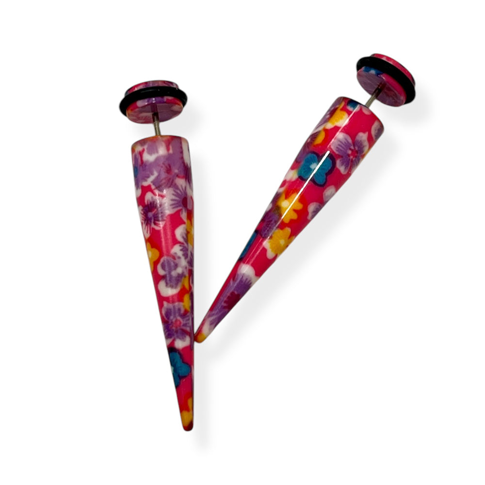 Acrylic 16 Gauge Flower Print Fake Taper Ear Stretcher - Pair
