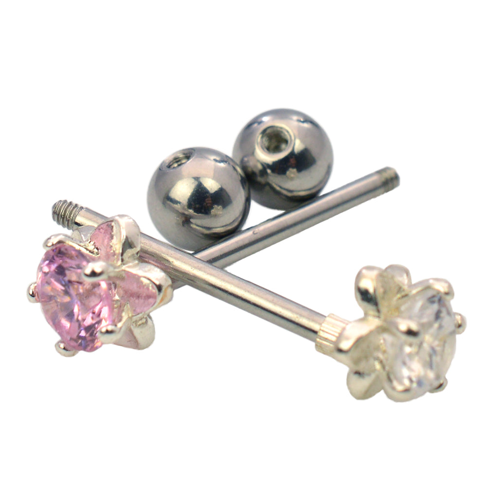 Surgical Steel Straight Barbell with Shining Flower End - Pair