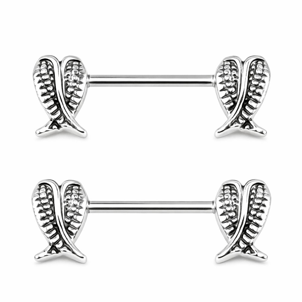 Surgical Steel 14 Gauge Nipple Barbells with Folded Angel Wings - Pair