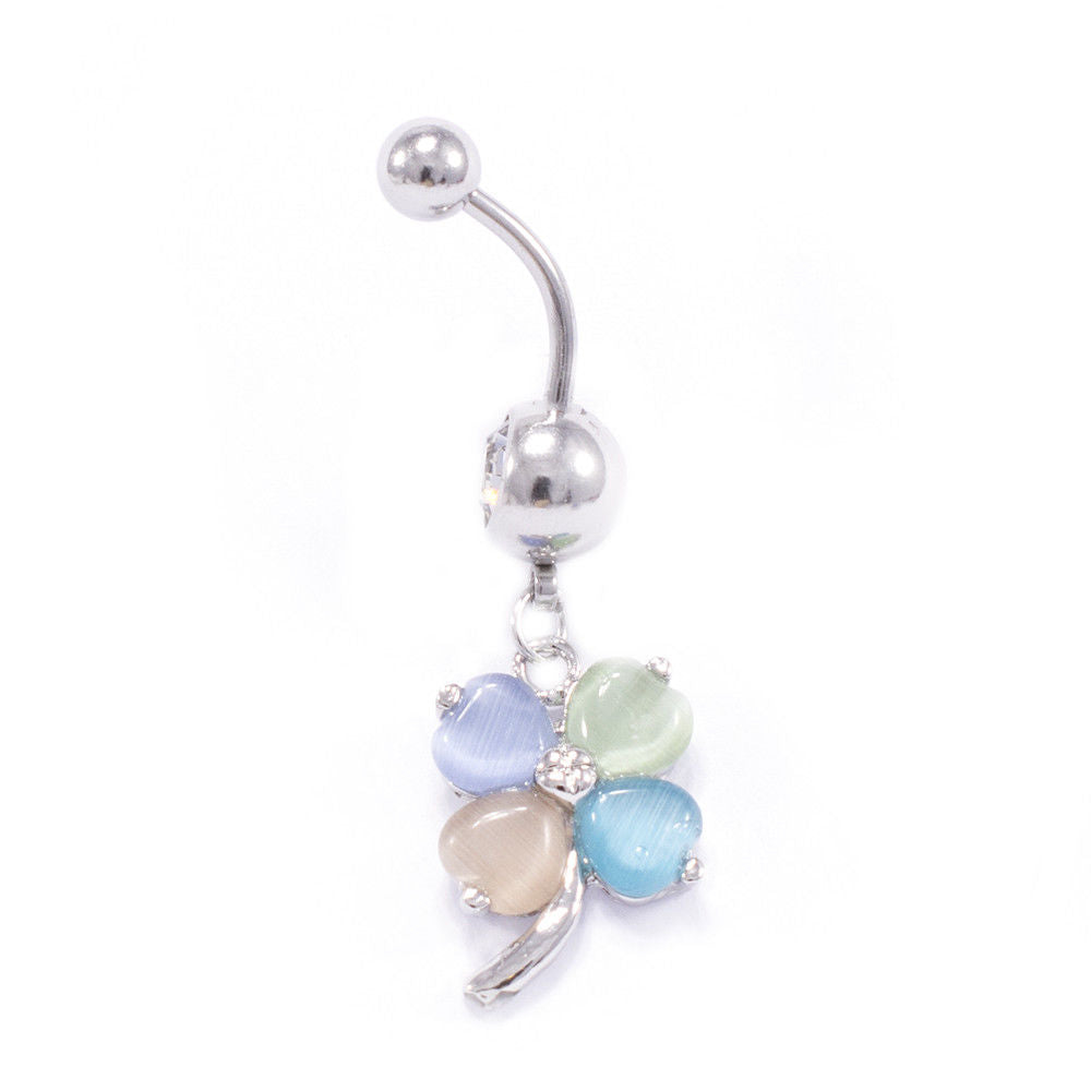 Surgical Steel 14 Gauge Belly Ring with Four Leaf Flower Dangle - photo 2