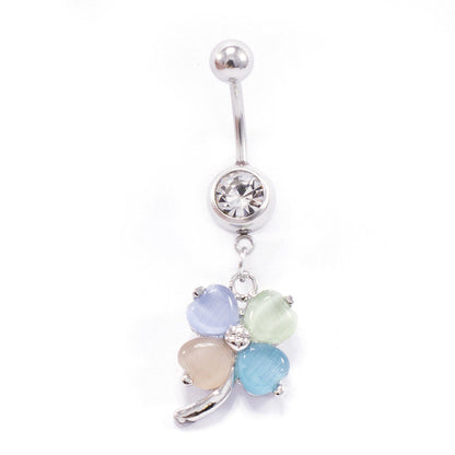 Surgical Steel 14 Gauge Belly Ring with Four Leaf Flower Dangle