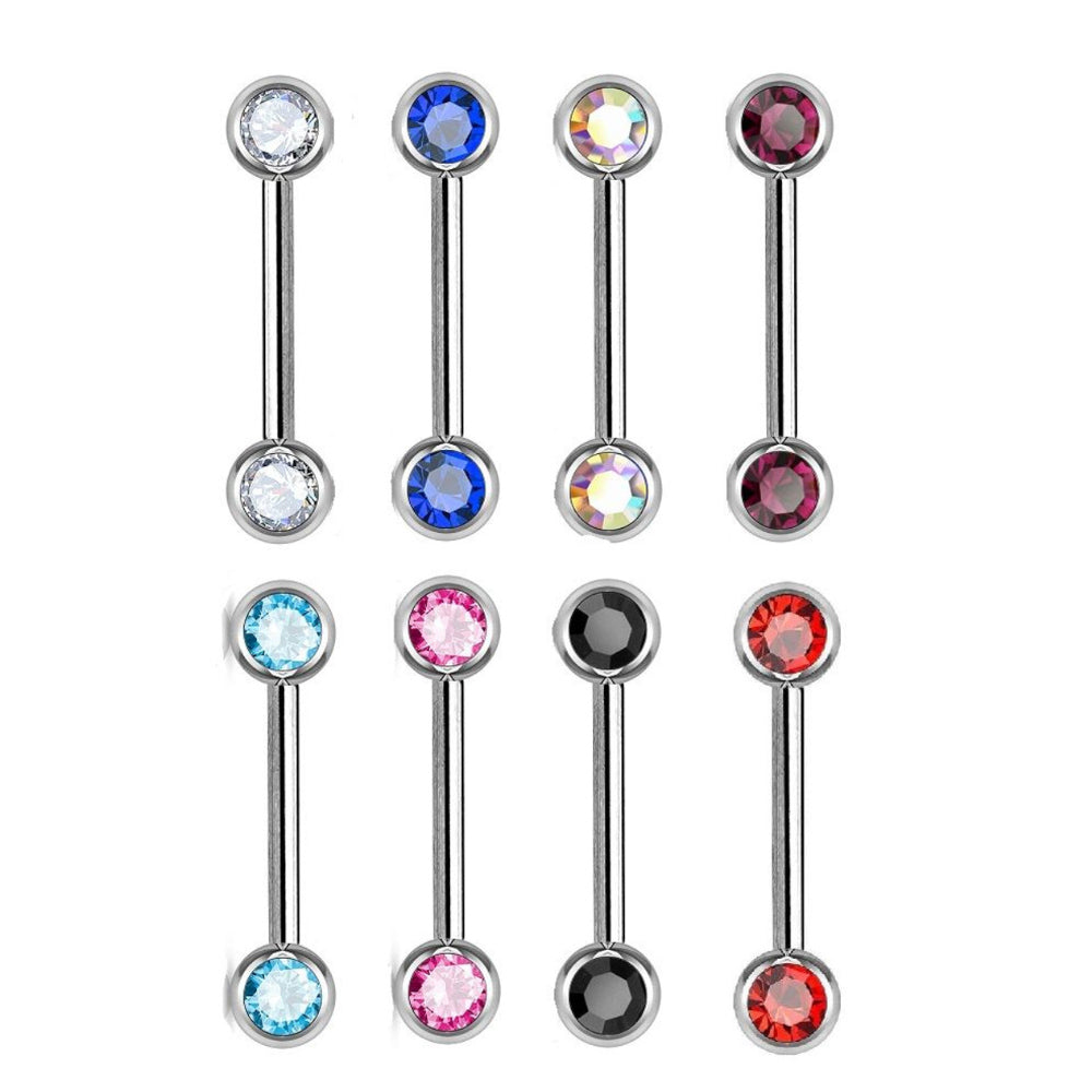 Surgical Steel 16 Gauge Nipple Barbell CZ Front Facing Bezel - Pair