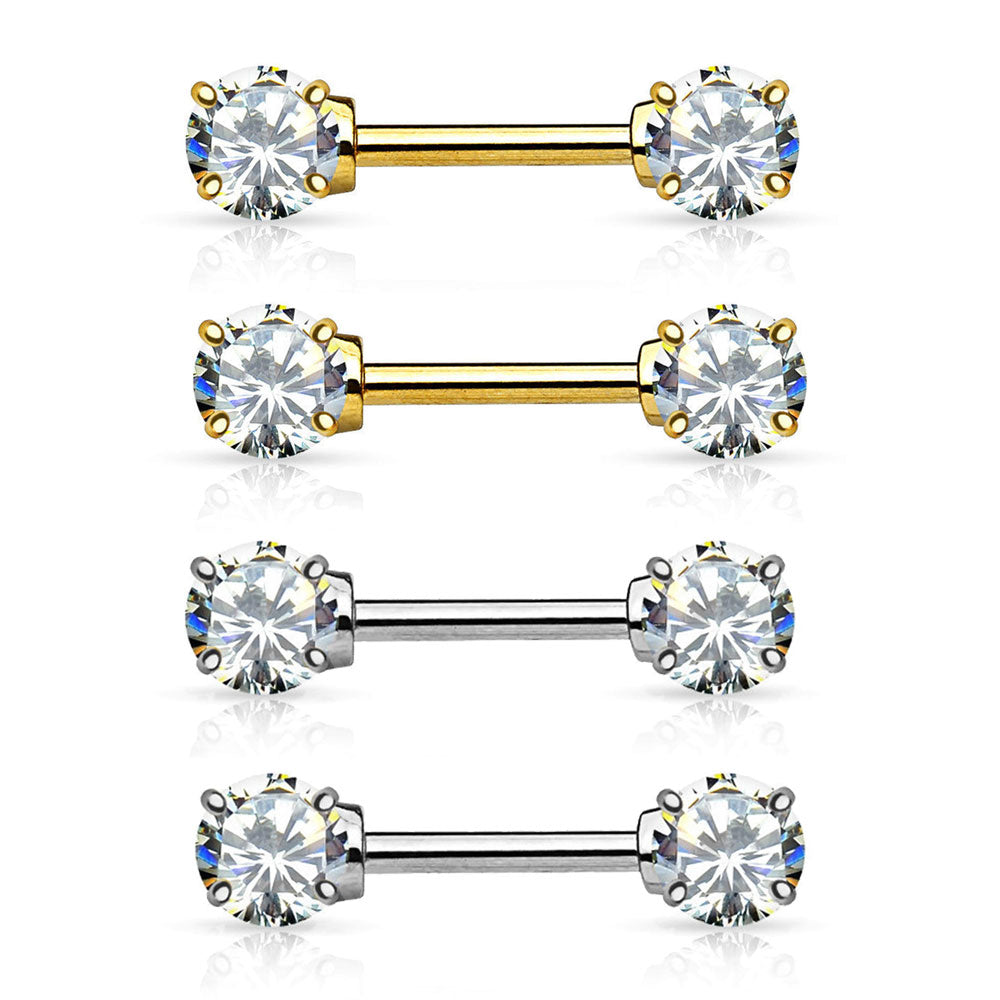 14K Solid Gold 14 Gauge Front Facing Clear CZ Nipple Barbell - Pair