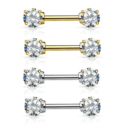 14K Solid Gold 14 Gauge Front Facing Clear CZ Nipple Barbell - Pair