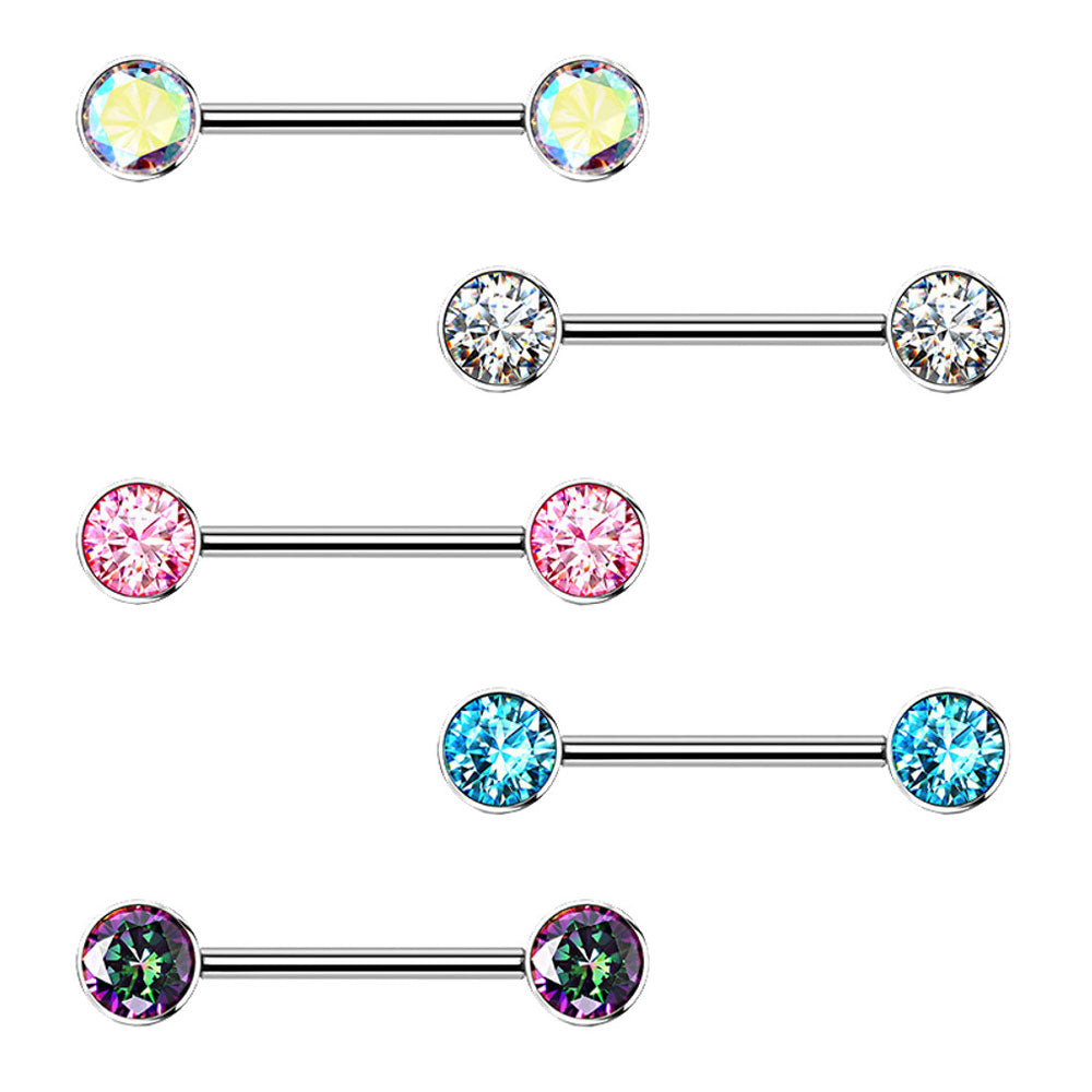 Titanium 14 Gauge Nipple Barbell with Bezel Set Round CZ - Pair