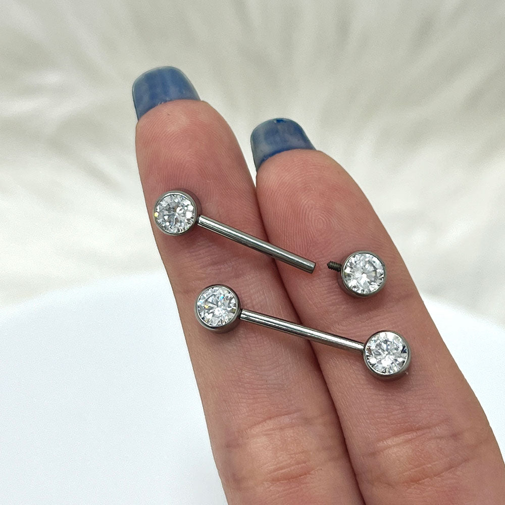 Titanium 14 Gauge Nipple Barbell with Bezel Set Round CZ - Pair - photo 7