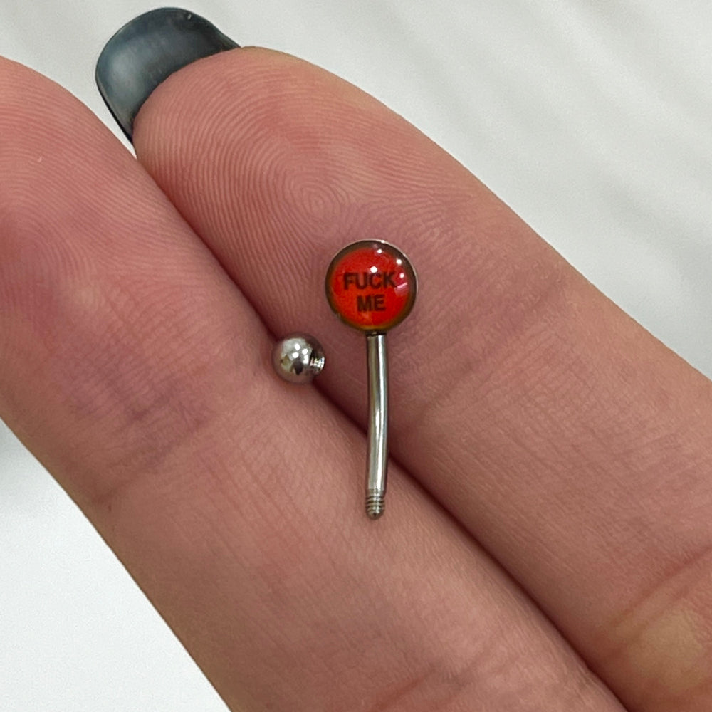 Surgical Steel 16 Gauge Curved Eyebrow Barbell Logo Symbol Fuck Me - View 3
