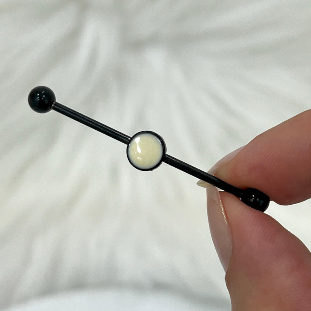 Black Surgical Steel 14 Gauge Industrial Barbell with White Opal Moon
