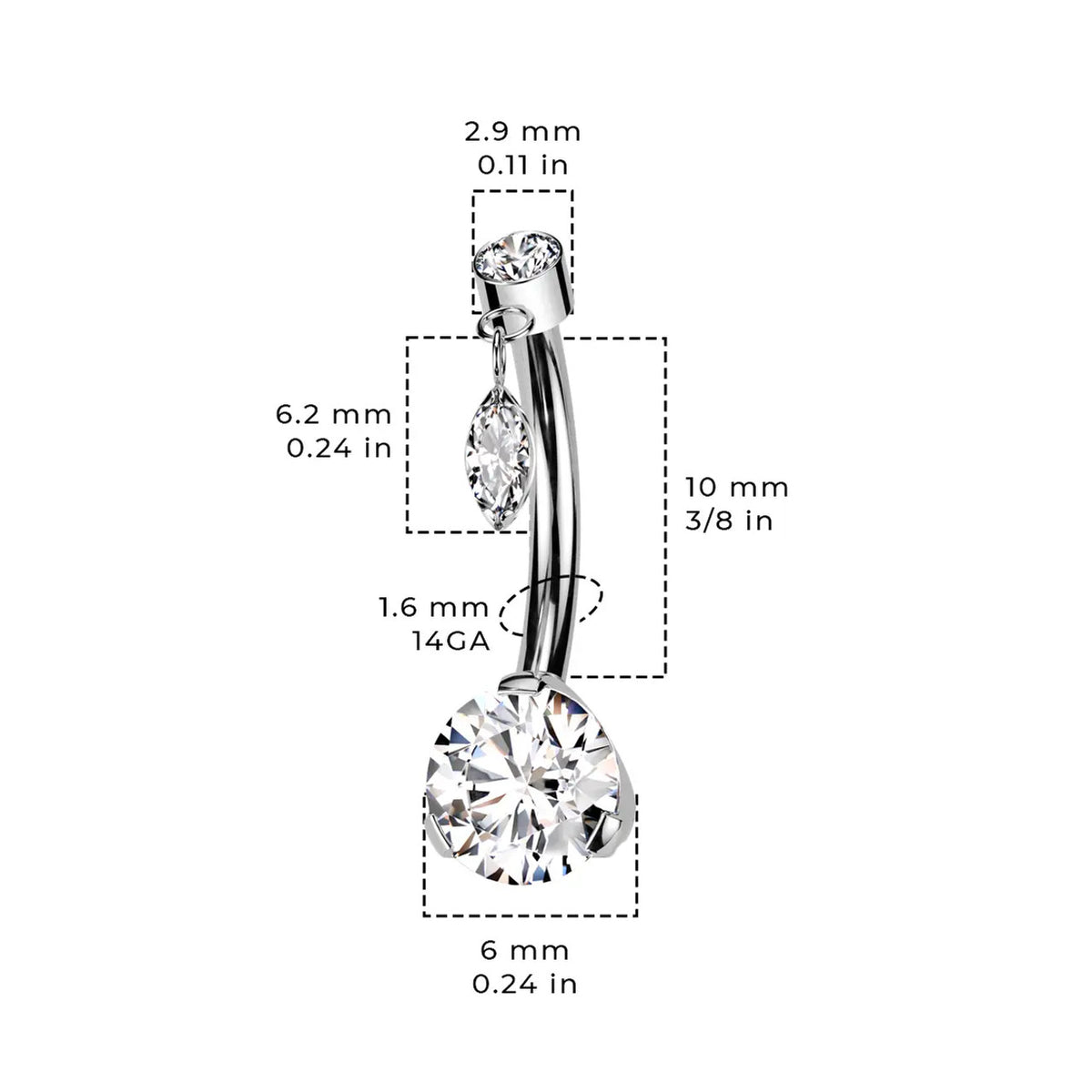 Titanium Belly Ring 14 Gauge 3/8" (10 mm) Threadless & Dangle Top CZ - Kruelty - Photo 7