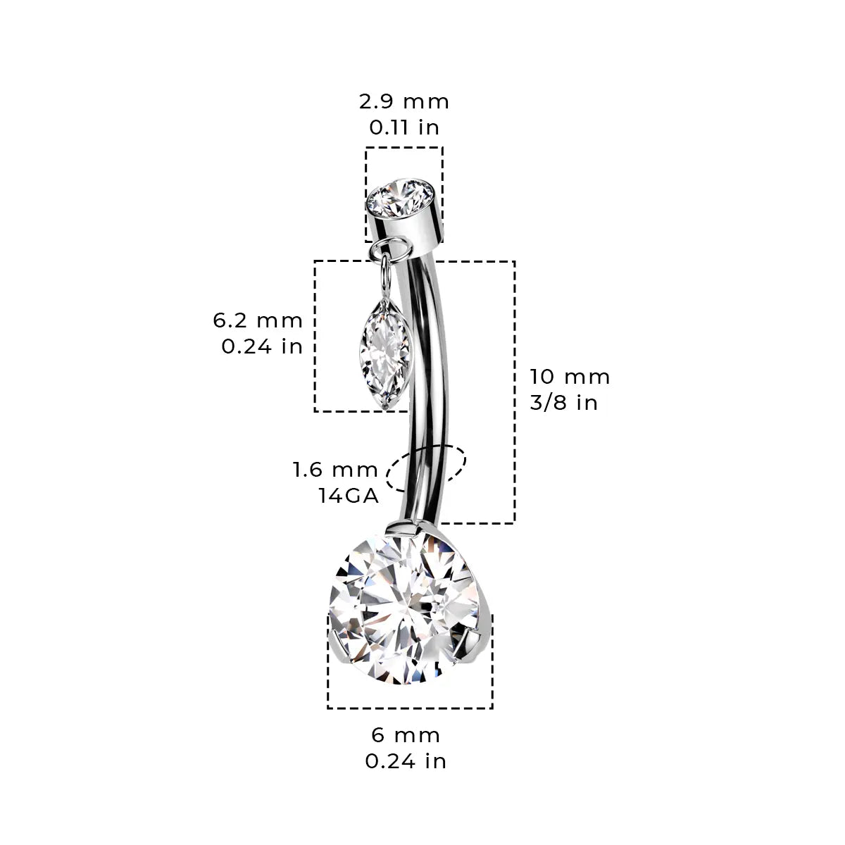 Titanium Threadless Belly Ring 14 Gauge 10mm with Dangle CZ - photo 5