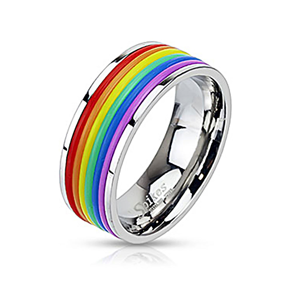 Surgical Steel Pride Rainbow Rubber Striped Band Ring