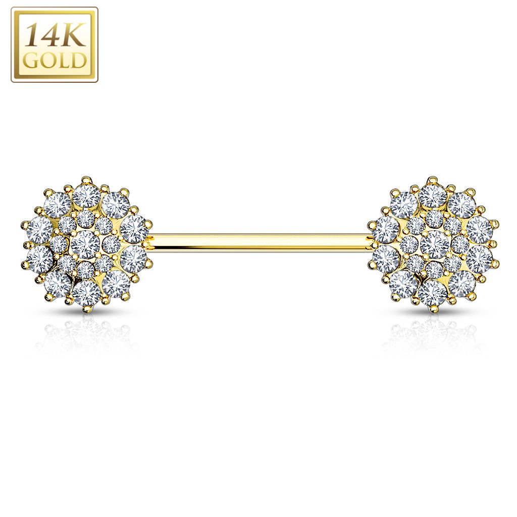 14 Karat Solid Gold Nipple Ring Barbell 14 Gauge 12 MM & CZ Flower